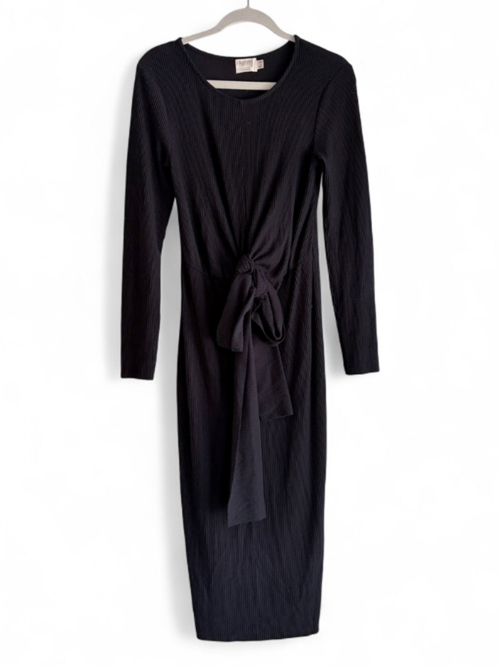 Nation LTD Black Rib Knit Tie Waist Long Sleeve Midi Dress Size M